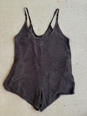 Charcoal Gray Terry Romper with Adjustable Straps and Pockets